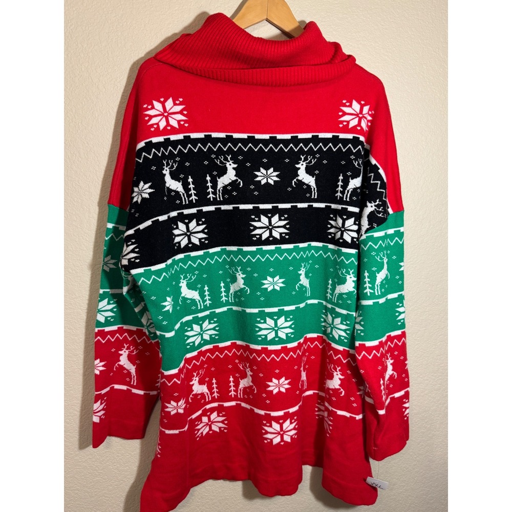 ILLUSOR Christmas Reindeer Snowflakes Cowl Neck Sweater XL Red Green Black